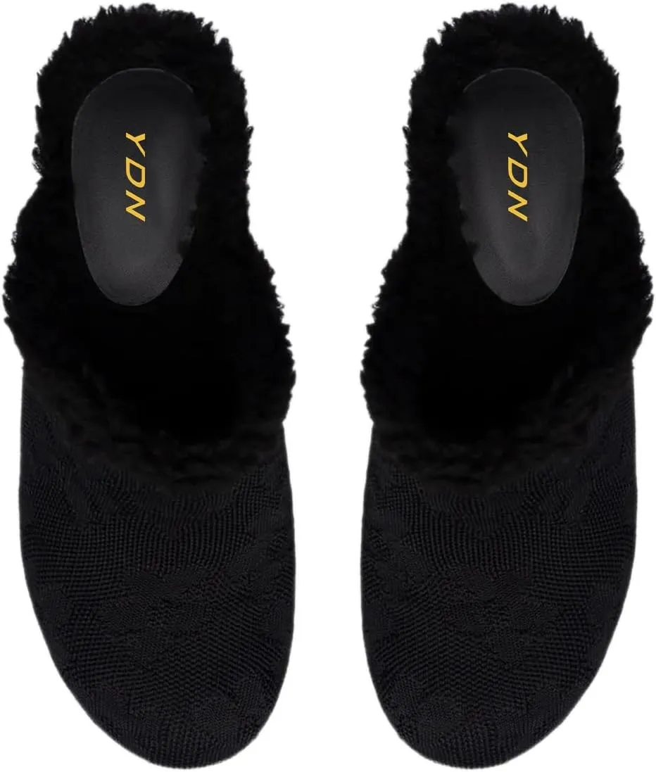 YDN Women's Closed Round Toe Platfomr Mules with Fur Chunky Block High Heels Slip On Comfort Slippers Long Time Walk Slide Sandals Shoes Size 4-16 US