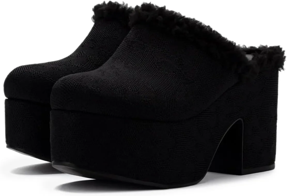 YDN Women's Closed Round Toe Platfomr Mules with Fur Chunky Block High Heels Slip On Comfort Slippers Long Time Walk Slide Sandals Shoes Size 4-16 US