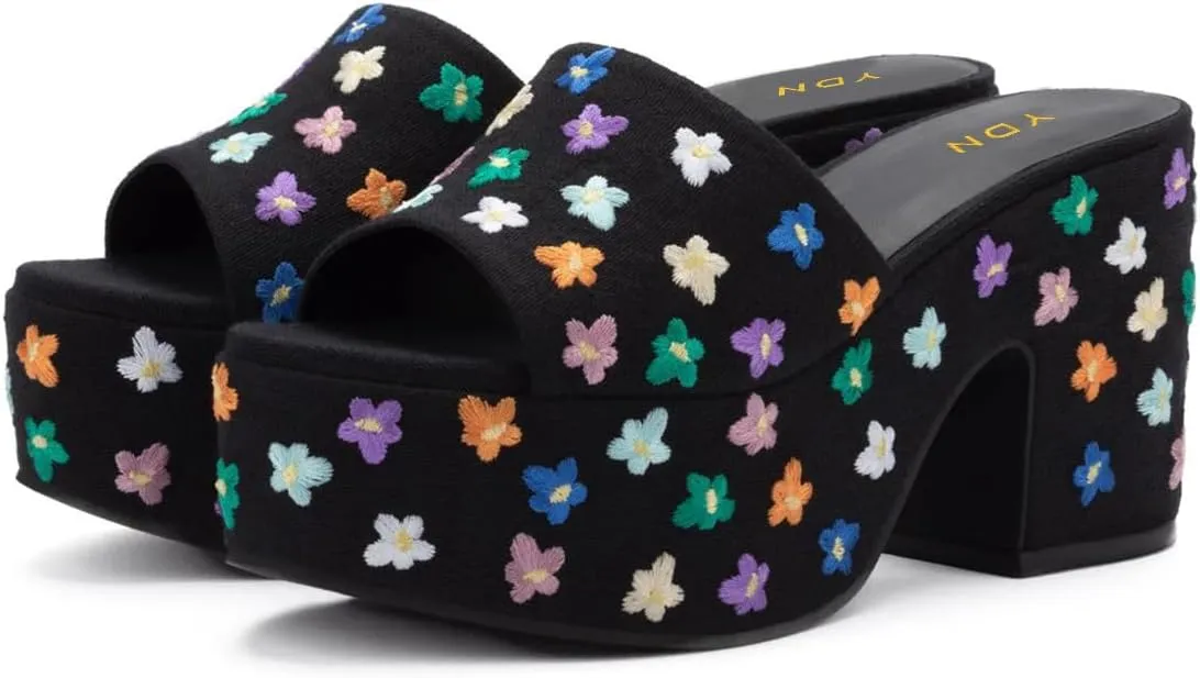 YDN Women's Platform Heeled Mules Round Toe Chunky Block Heels Slip On Comfy Slide Sandals Indoor and Outdoor Slippers Shoes Size 4-16 US
