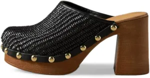 YDN Women's Platform Slip On Clogs Mules Cork High Heel Round Toe Rivet Studded Sandals Comfy Indoor Shopping Shoes Size 4-16 US