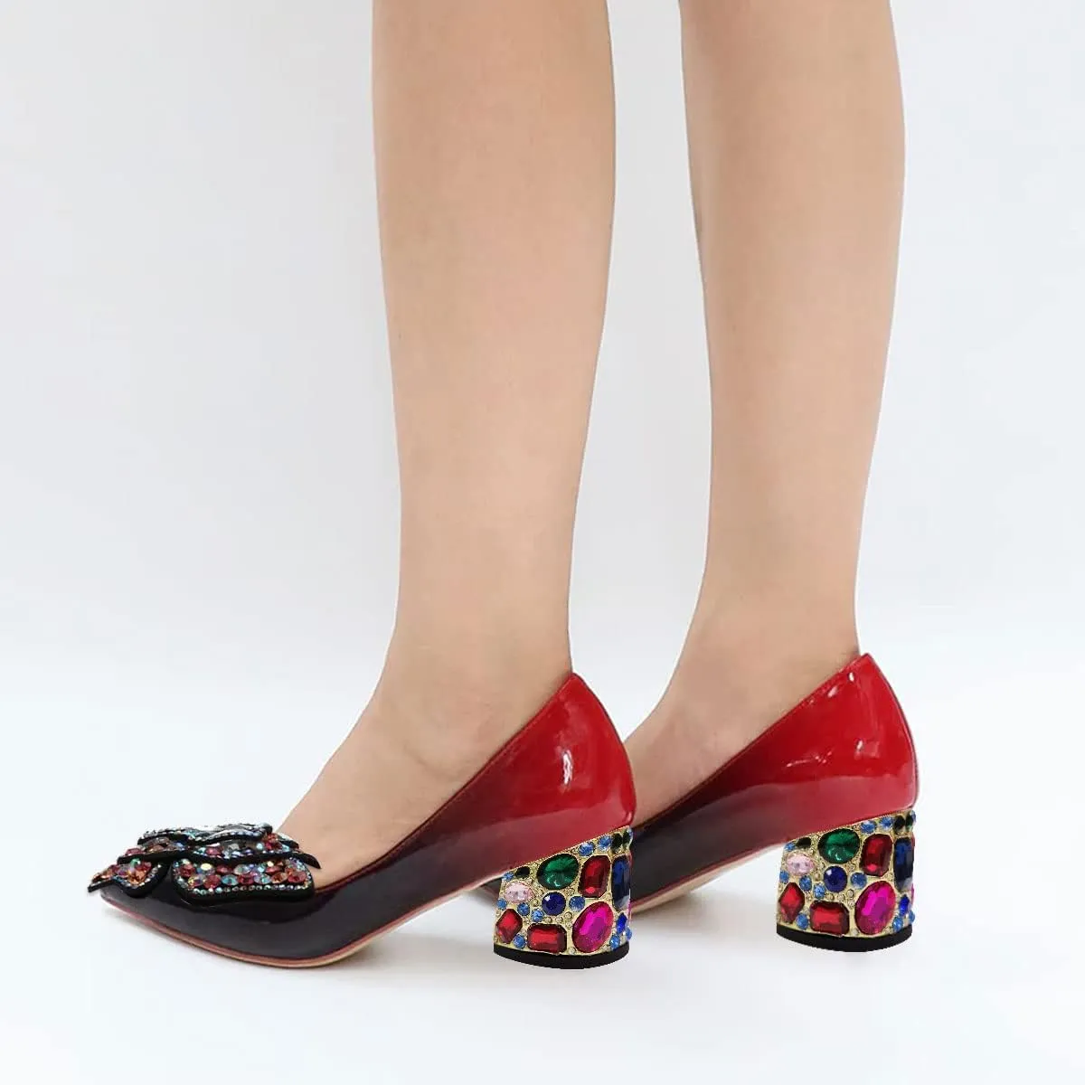 YDN Women's Pointed Toe Bow Pumps Colorful Rhinestone Block Low Heel Butterfly Slip On Fashion Party Dance Shoes Size 4-15 US