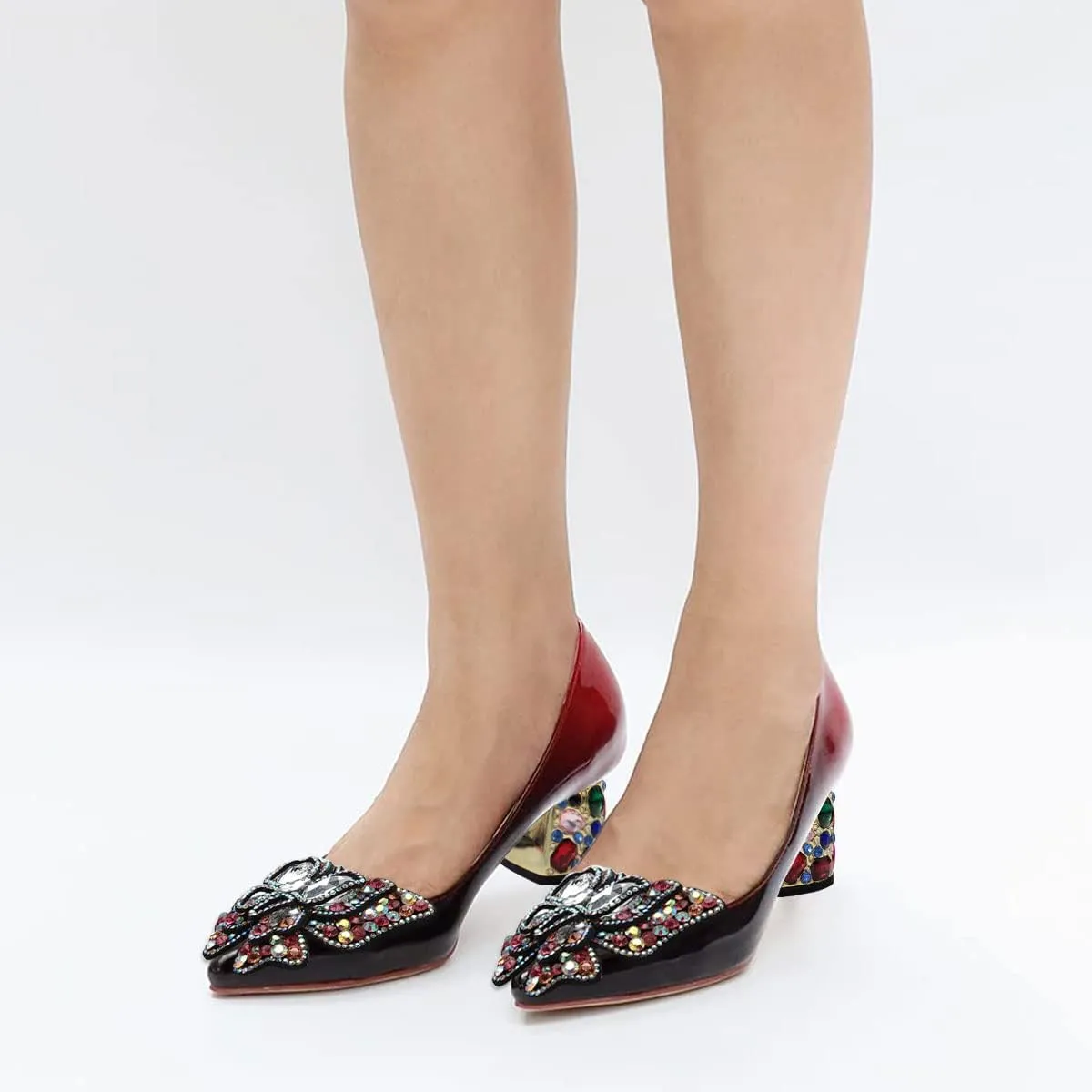 YDN Women's Pointed Toe Bow Pumps Colorful Rhinestone Block Low Heel Butterfly Slip On Fashion Party Dance Shoes Size 4-15 US