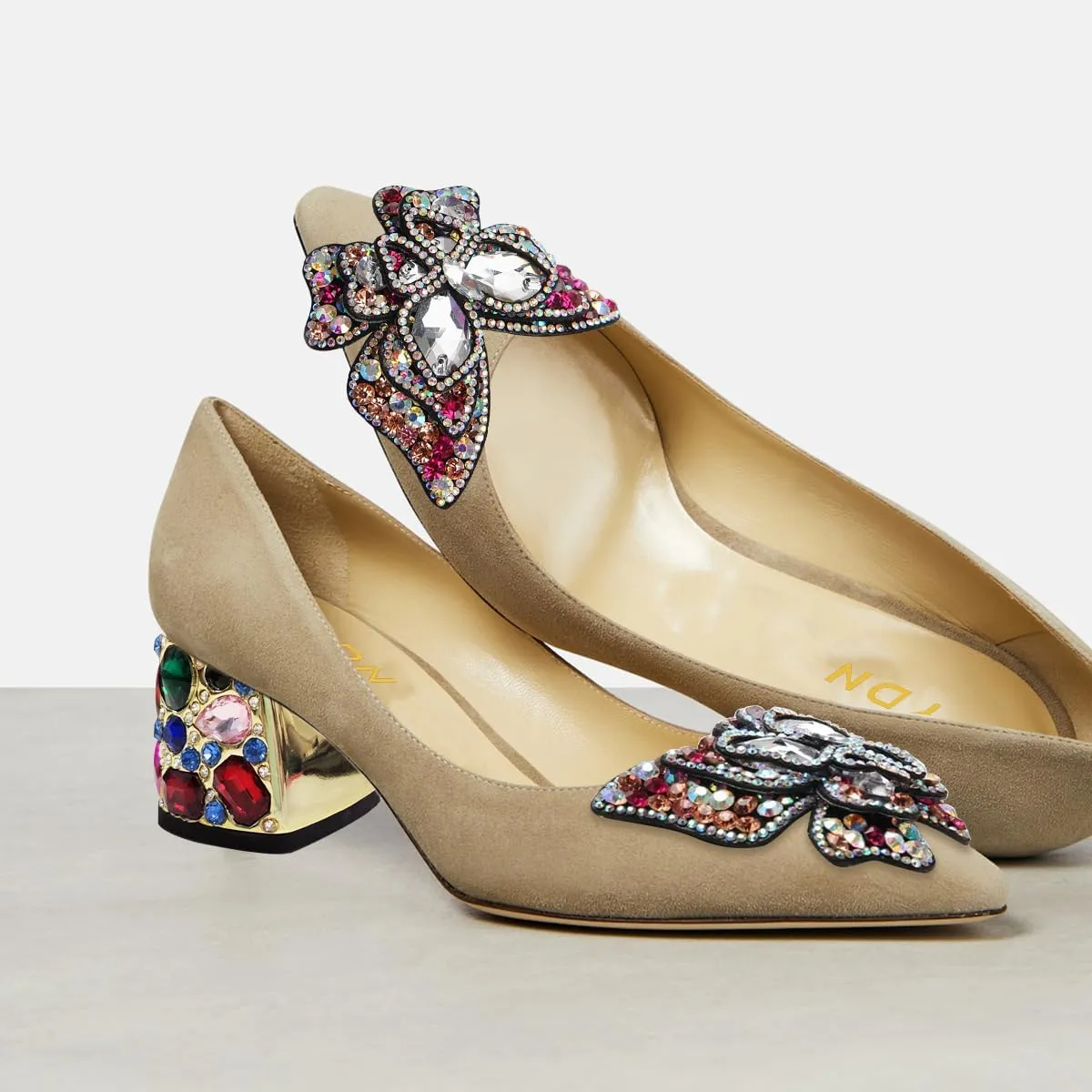 YDN Women's Pointed Toe Bow Pumps Colorful Rhinestone Block Low Heel Butterfly Slip On Fashion Party Dance Shoes Size 4-15 US