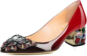 YDN Women's Pointed Toe Bow Pumps Colorful Rhinestone Block Low Heel Butterfly Slip On Fashion Party Dance Shoes Size 4-15 US