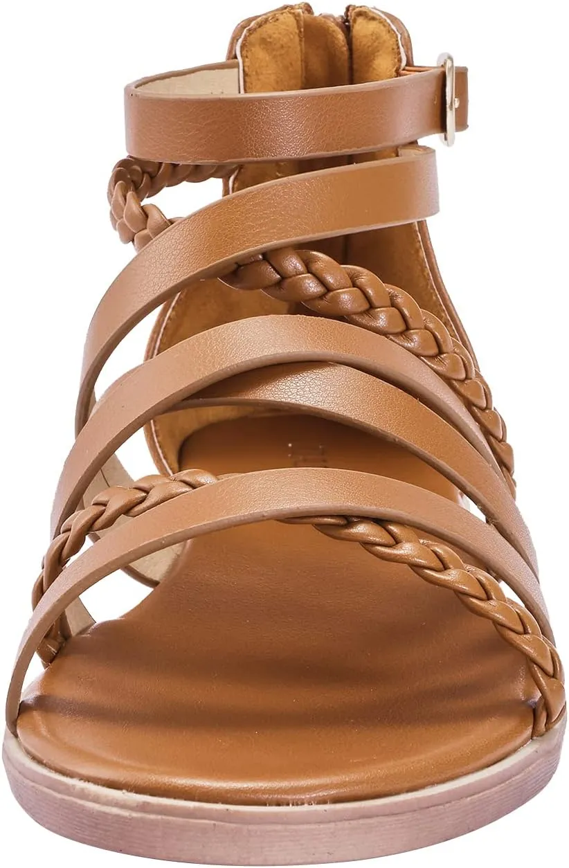 YEOJOU Gladiator Sandals for Women Strappy Leather Flat Sandals Open Toe Ankle Strap Back Zipper Comfortable Dressy Summer Shoes