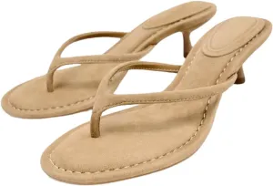 YIYA Women's Kitten Heels Flip Flops Thong Sandals Open Round Toe Comfortable Low Heels Backless Slippers Slip On Slide Spring Summer Beach Dress Shoes