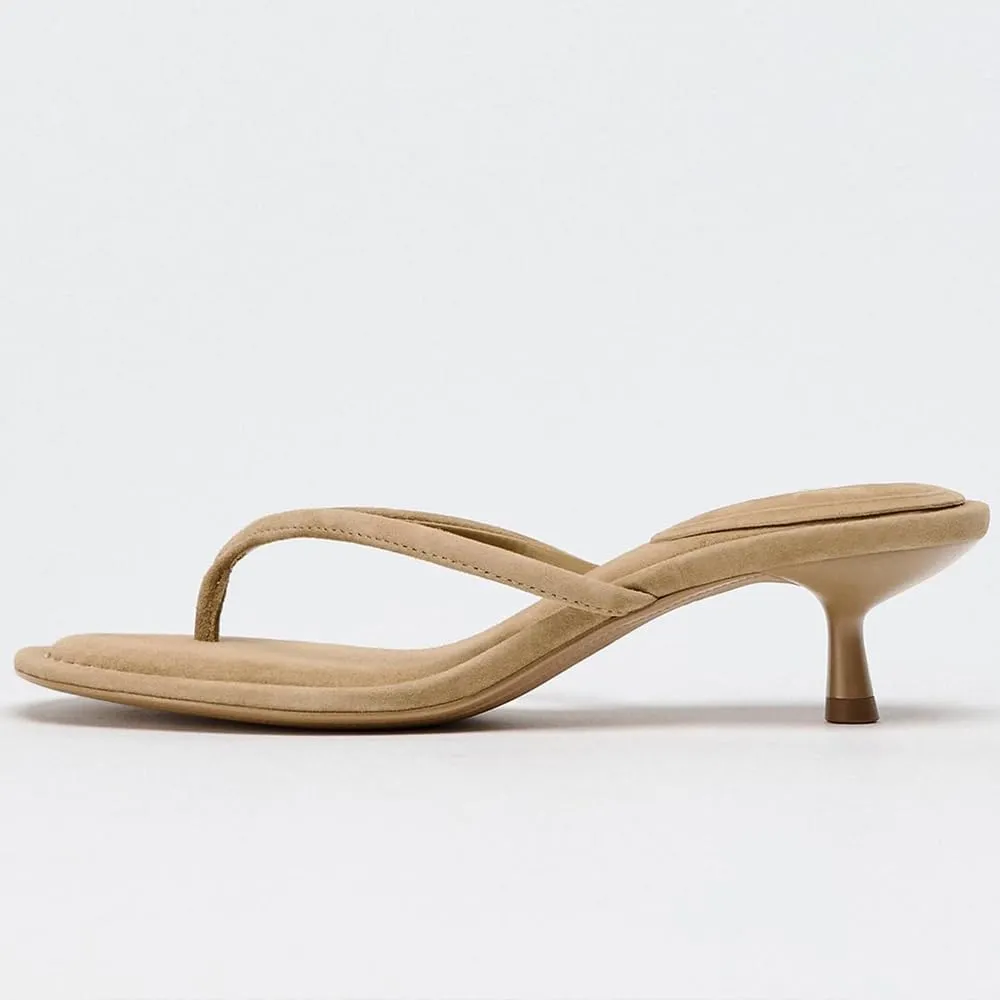 YIYA Women's Kitten Heels Flip Flops Thong Sandals Open Round Toe Comfortable Low Heels Backless Slippers Slip On Slide Spring Summer Beach Dress Shoes