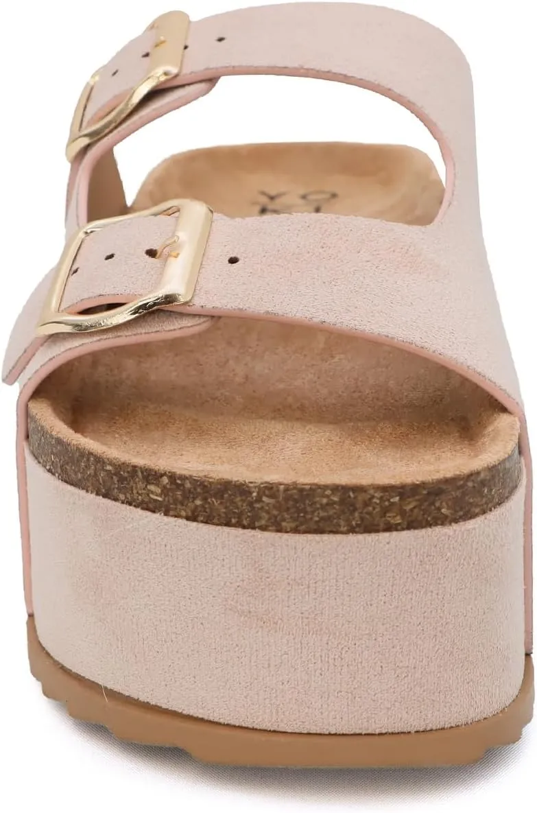 YOKI CAMILA Women’s Platform Double Buckle Sandal Slip-On with Studs, Flat Sandals for Women