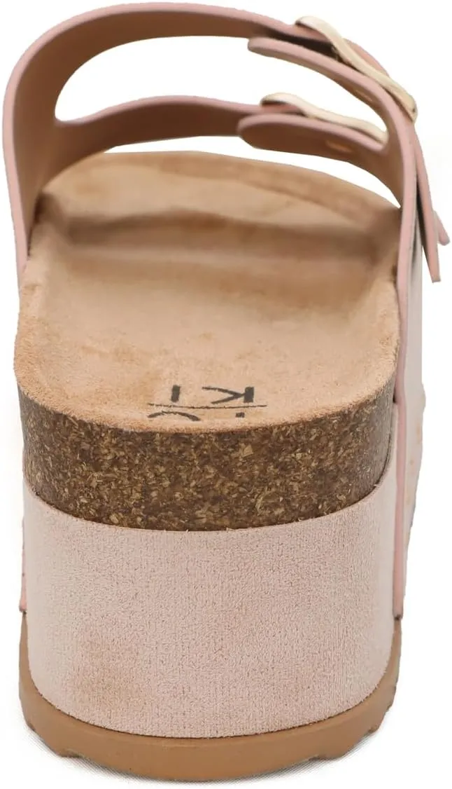 YOKI CAMILA Women’s Platform Double Buckle Sandal Slip-On with Studs, Flat Sandals for Women