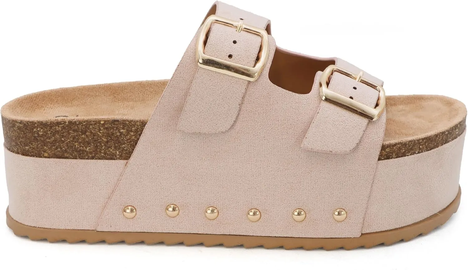 YOKI CAMILA Women’s Platform Double Buckle Sandal Slip-On with Studs, Flat Sandals for Women