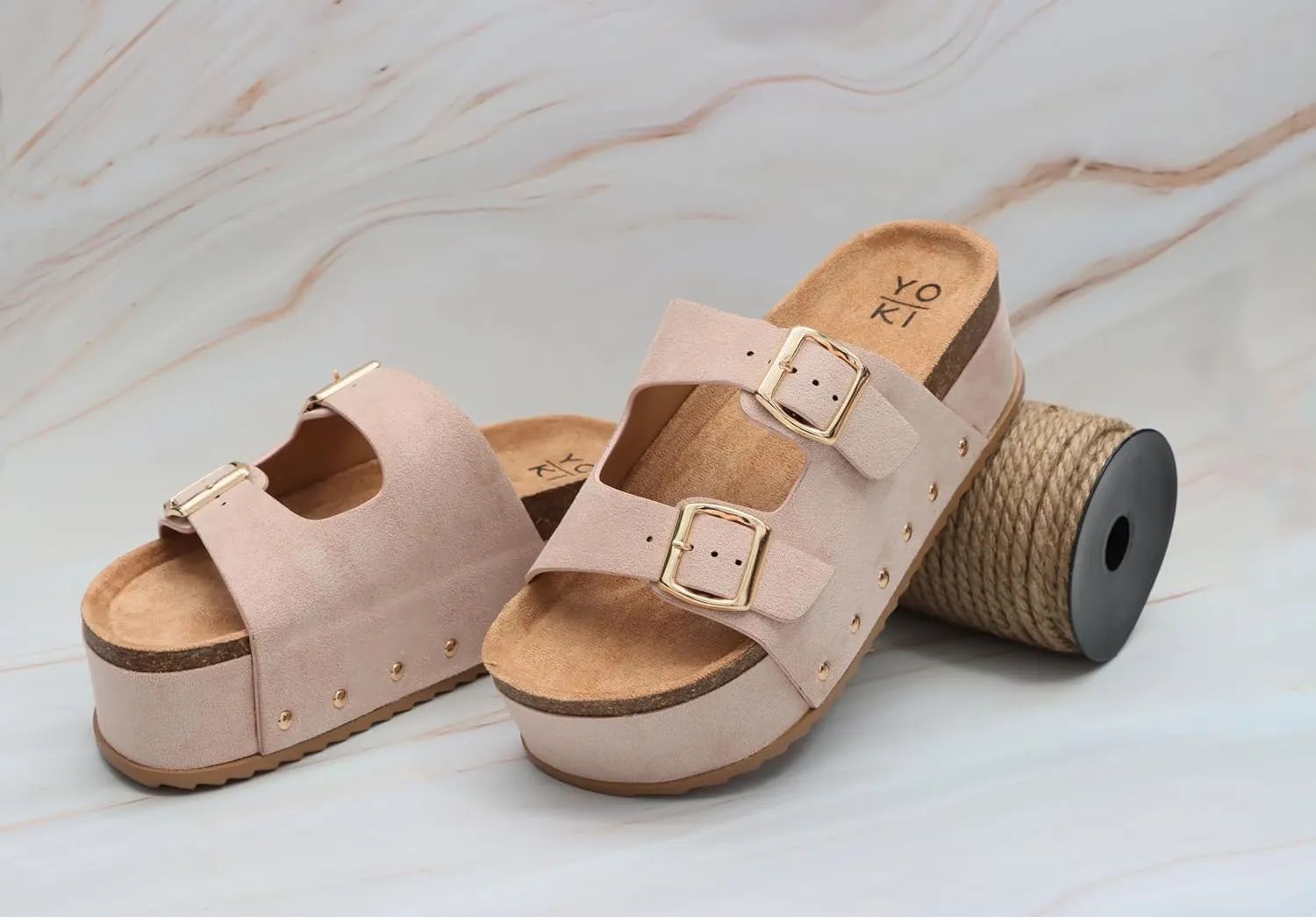 YOKI CAMILA Women’s Platform Double Buckle Sandal Slip-On with Studs, Flat Sandals for Women