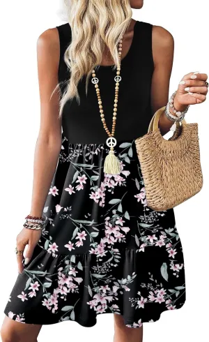 Zeagoo Women Summer Dresses Sleeveless Casual Tank Dress Flowy Tiered Short Beach Dresses Womens Sundress with Pockets