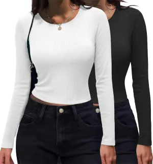 Zeagoo Womens Ribbed Fitted Crop Tops Long Sleeve T Shirts Basic Scoop Neck Casual Slim Fitted Y2k Clothes 2025