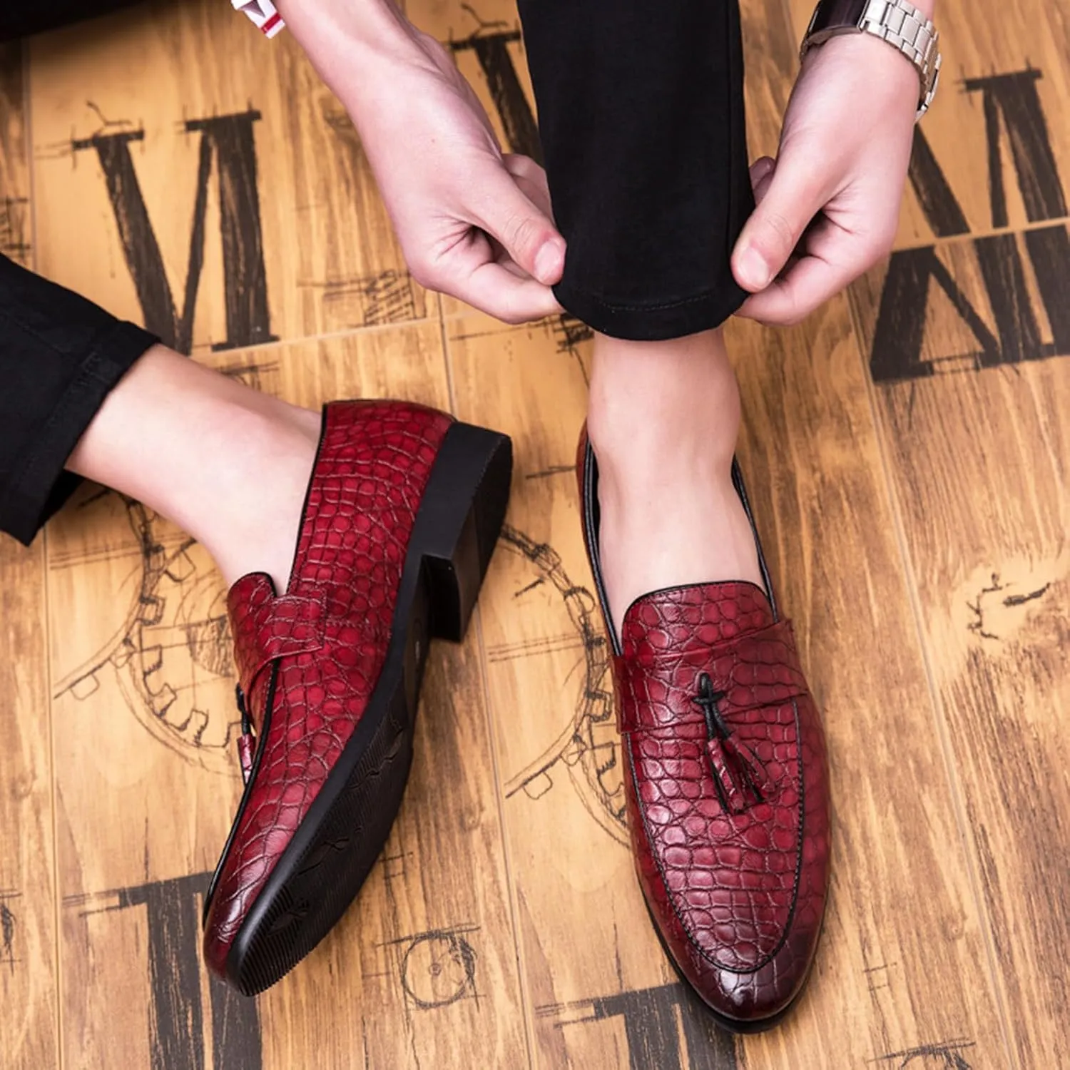 Zeberfi Men's Pattern Leather Slip On Tassel Dress Loafers Fashion Pointed Toe Low Top Non-Slip Luxury Business Formal Shoes