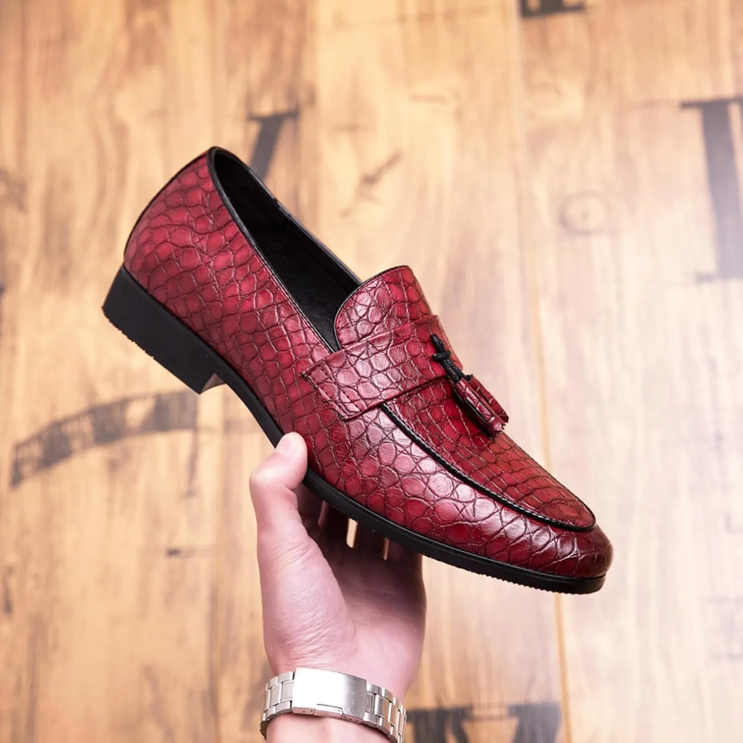 Zeberfi Men's Pattern Leather Slip On Tassel Dress Loafers Fashion Pointed Toe Low Top Non-Slip Luxury Business Formal Shoes