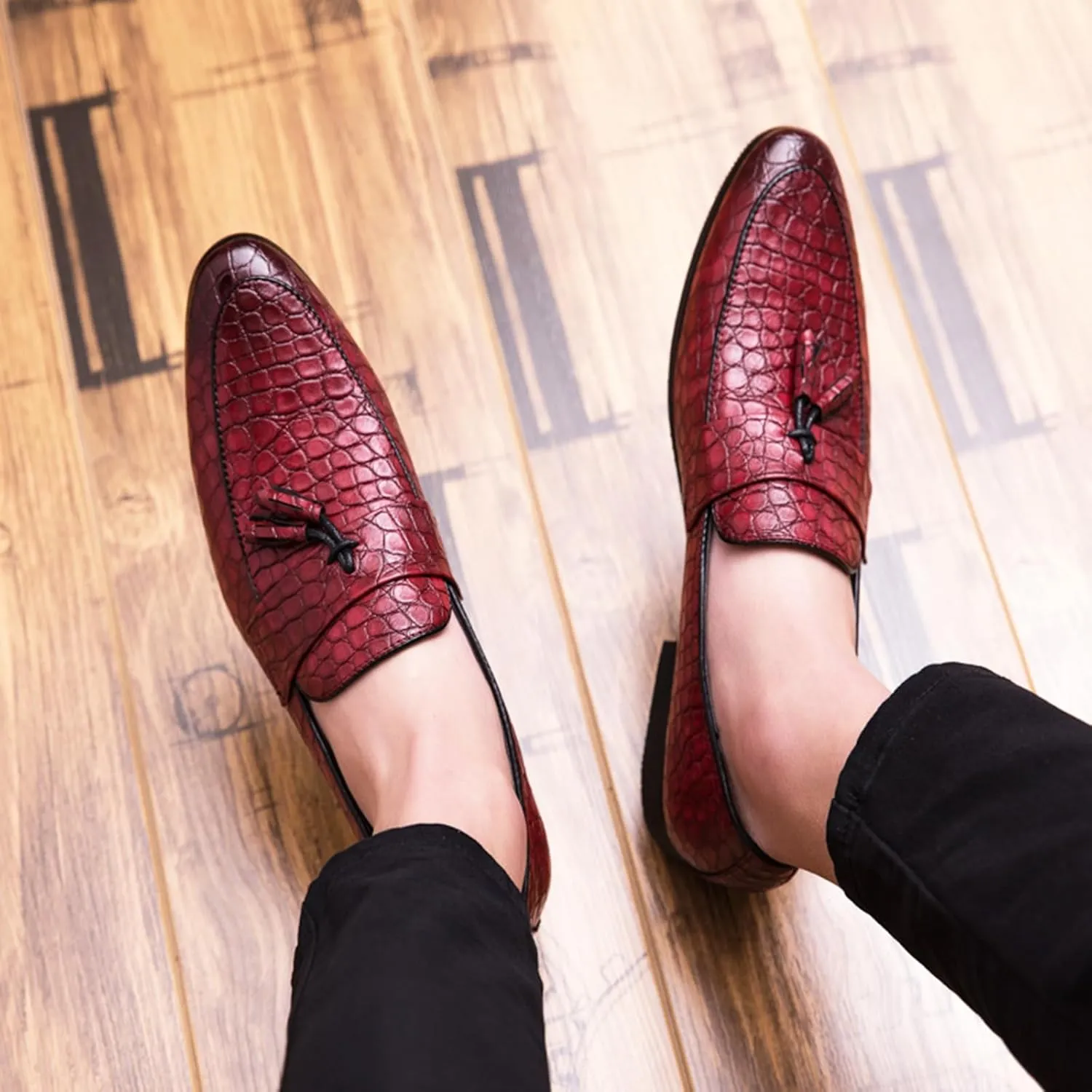 Zeberfi Men's Pattern Leather Slip On Tassel Dress Loafers Fashion Pointed Toe Low Top Non-Slip Luxury Business Formal Shoes