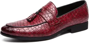 Zeberfi Men's Pattern Leather Slip On Tassel Dress Loafers Fashion Pointed Toe Low Top Non-Slip Luxury Business Formal Shoes