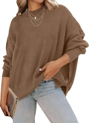 ZESICA Women's Fall Casual Long Sleeve Crew Neck Side Slit Oversized Ribbed Knit Pullover Sweater Tops