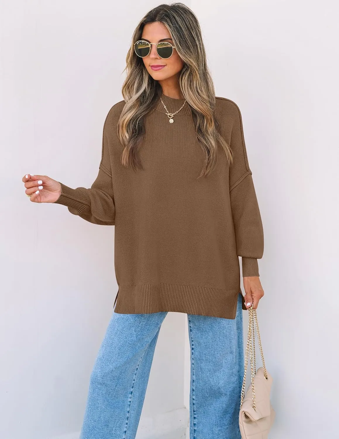 ZESICA Women's Fall Casual Long Sleeve Crew Neck Side Slit Oversized Ribbed Knit Pullover Sweater Tops