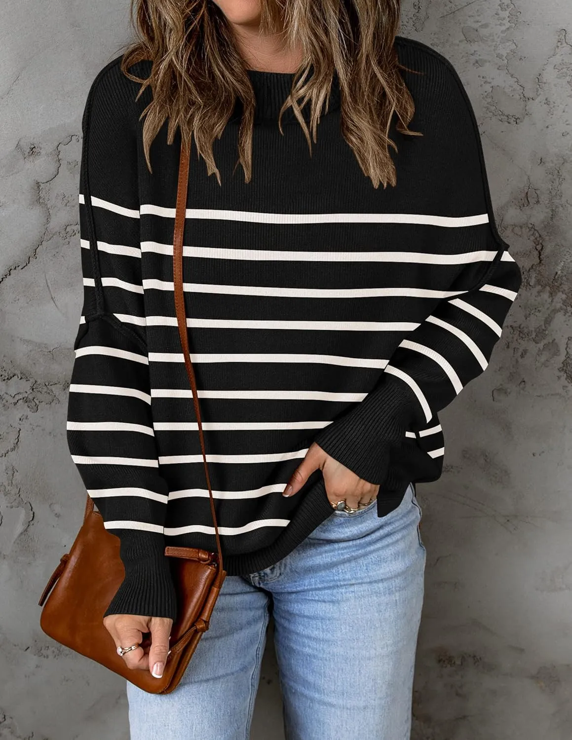 ZESICA Women's Fall Casual Long Sleeve Crew Neck Side Slit Oversized Ribbed Knit Pullover Sweater Tops
