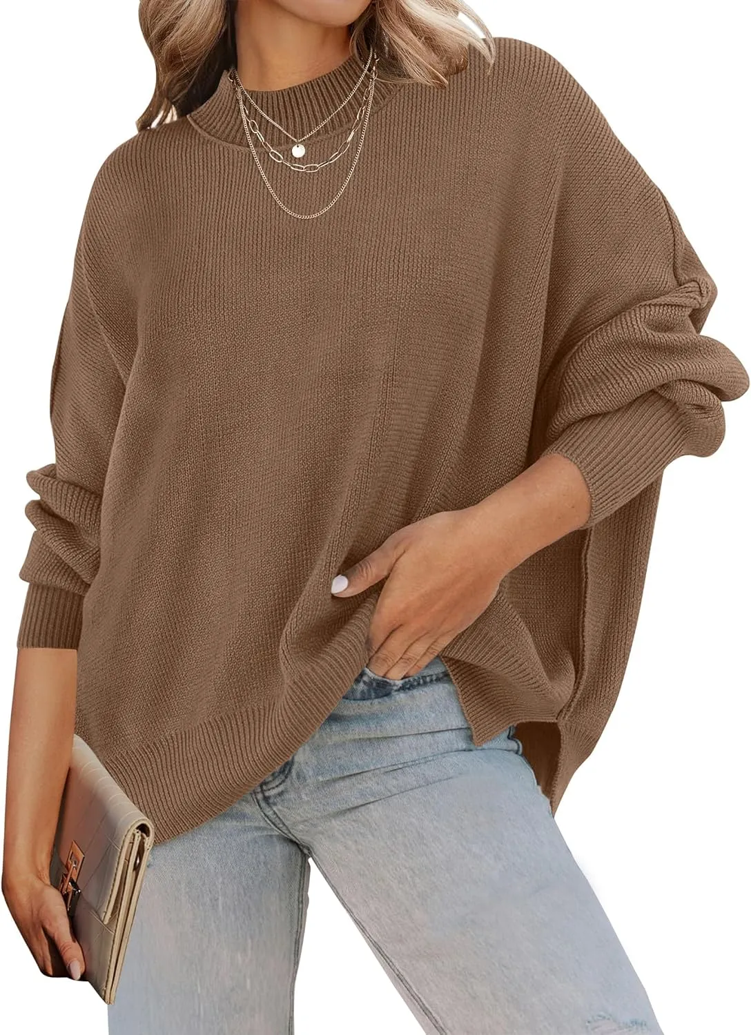 ZESICA Women's Fall Casual Long Sleeve Crew Neck Side Slit Oversized Ribbed Knit Pullover Sweater Tops