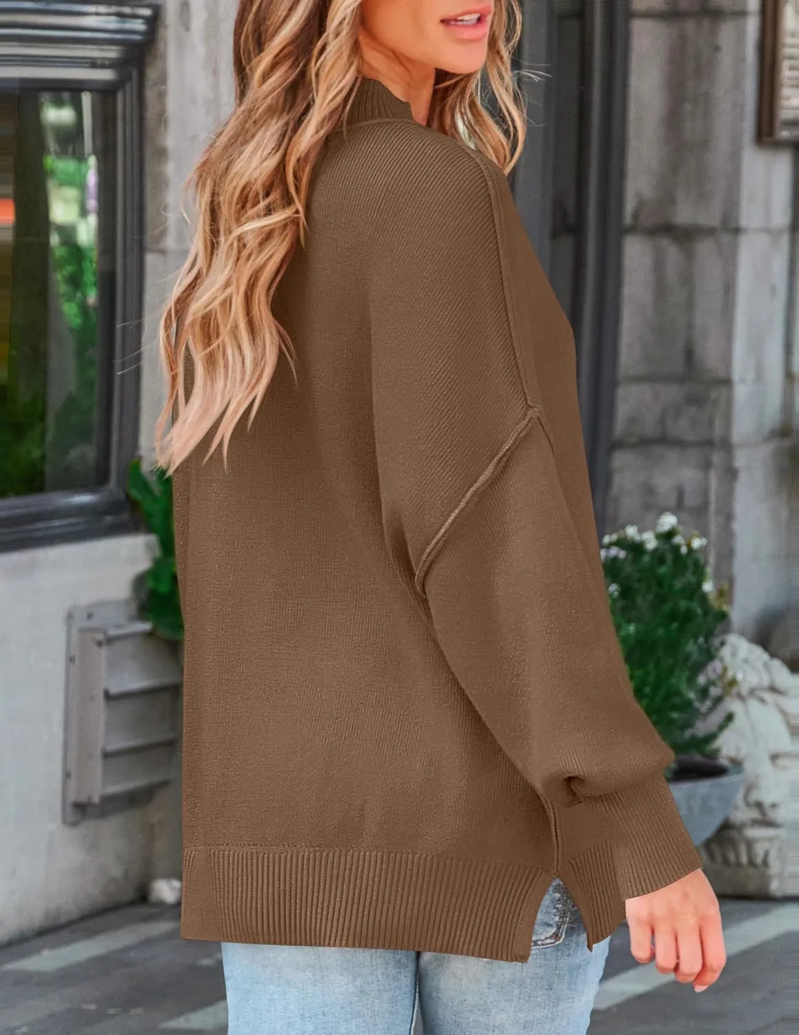 ZESICA Women's Fall Casual Long Sleeve Crew Neck Side Slit Oversized Ribbed Knit Pullover Sweater Tops
