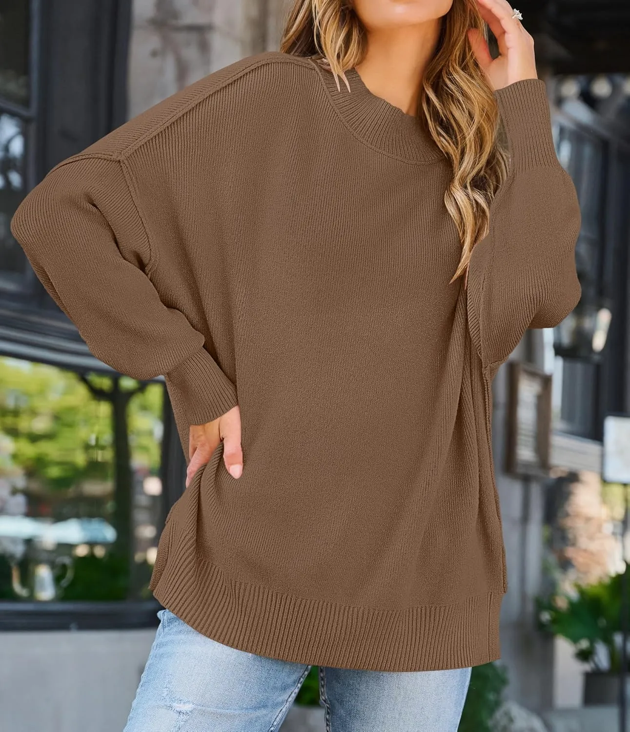 ZESICA Women's Fall Casual Long Sleeve Crew Neck Side Slit Oversized Ribbed Knit Pullover Sweater Tops