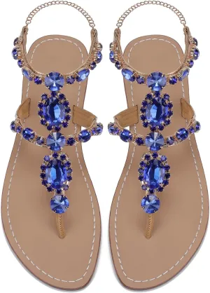 ZhuLinFeng Women'S Rhinestone Gladiator Sandals Flat Wedding Sandals Gem Pearl Sparkling Bridal Bridesmaid Sandals Blue Bohemian Sandals