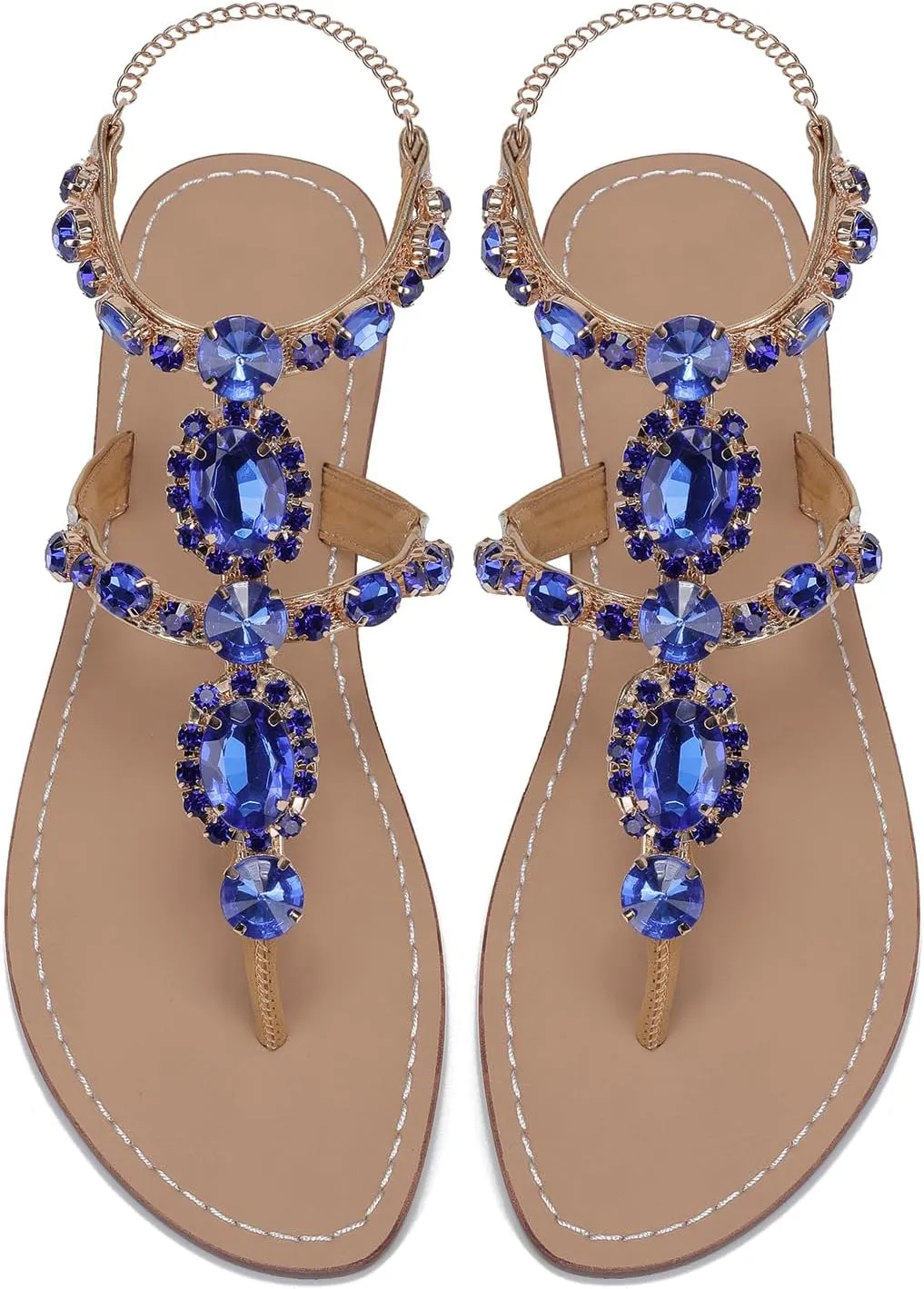 ZhuLinFeng Women'S Rhinestone Gladiator Sandals Flat Wedding Sandals Gem Pearl Sparkling Bridal Bridesmaid Sandals Blue Bohemian Sandals