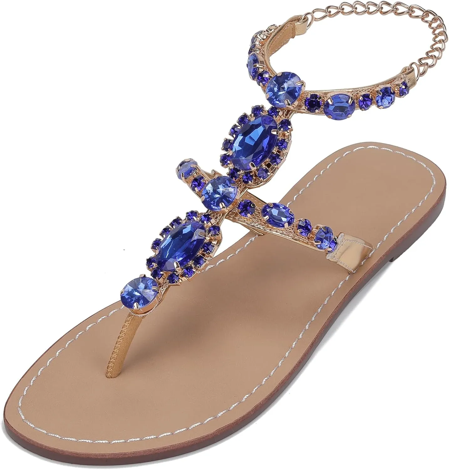 ZhuLinFeng Women'S Rhinestone Gladiator Sandals Flat Wedding Sandals Gem Pearl Sparkling Bridal Bridesmaid Sandals Blue Bohemian Sandals