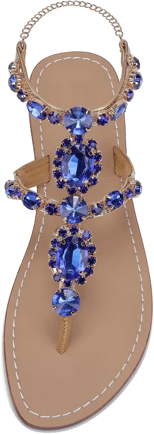 ZhuLinFeng Women'S Rhinestone Gladiator Sandals Flat Wedding Sandals Gem Pearl Sparkling Bridal Bridesmaid Sandals Blue Bohemian Sandals
