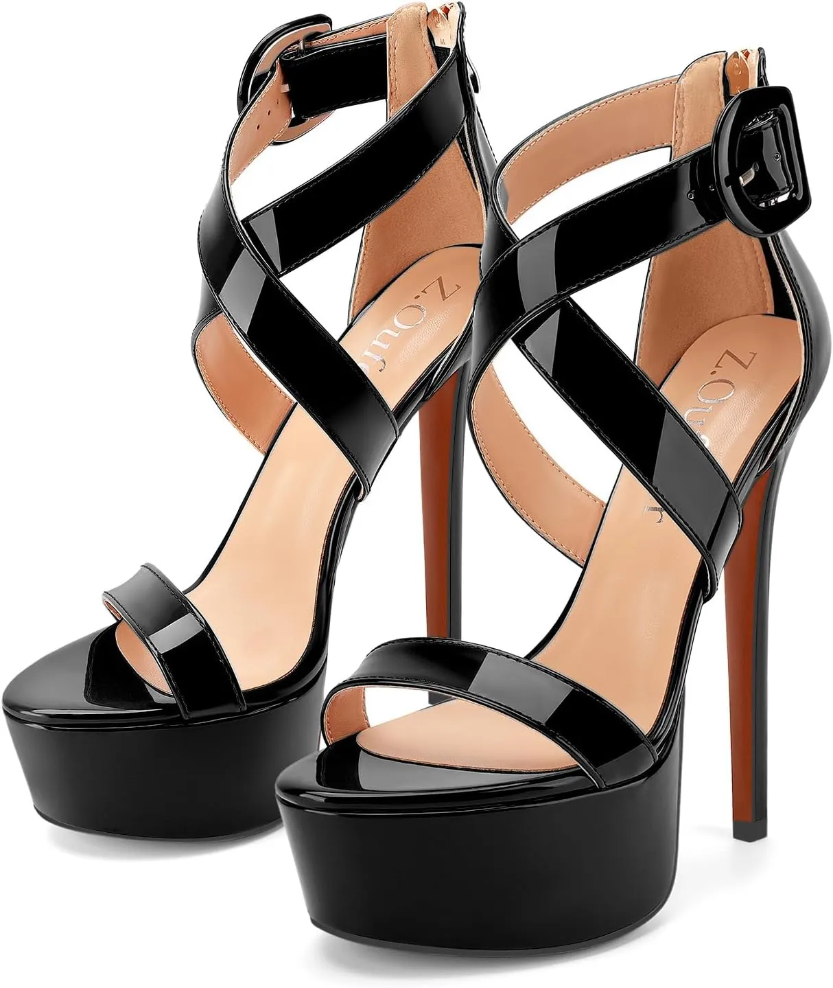 Z.Oufeier Women’s Cross Ankle Strap Platform High Stiletto Heels Open Peep Toe Buckle Dress Sexy Wedding 6 Inch Sandals