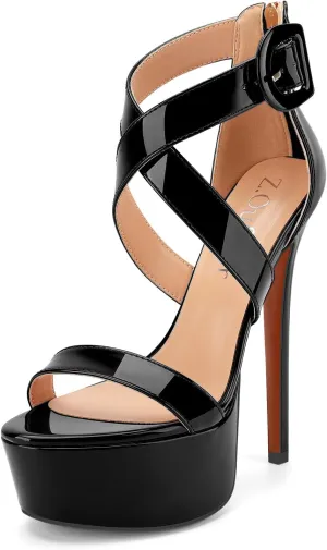 Z.Oufeier Women’s Cross Ankle Strap Platform High Stiletto Heels Open Peep Toe Buckle Dress Sexy Wedding 6 Inch Sandals