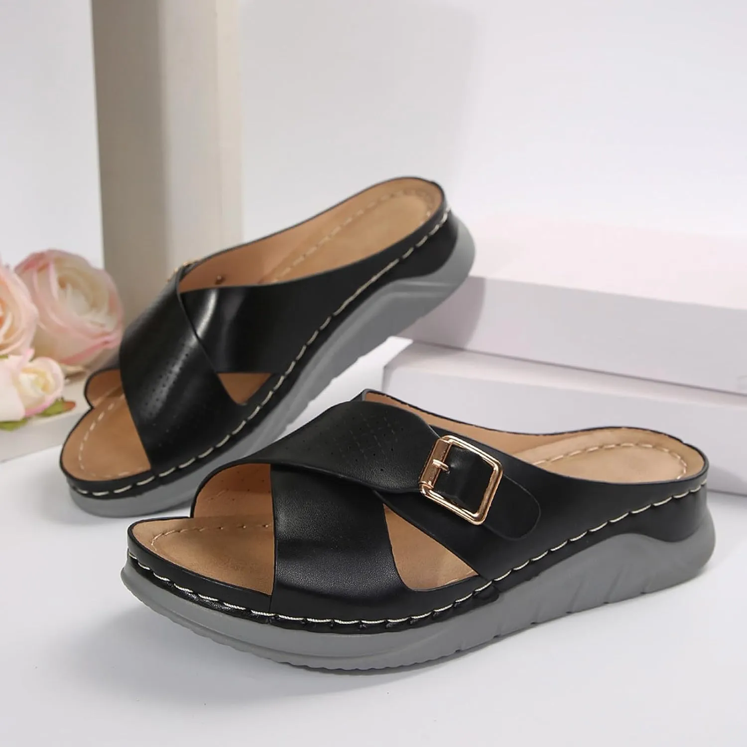 ZSpzx Women's Slide Sandals,Wedge Sandals for Women Dressy Summer Open Toe Crisscross Straps Slip on Sandals Comfortable Slides Slippers Metal Memory Foam Walking Beach Plantar Fasciitis Shoes
