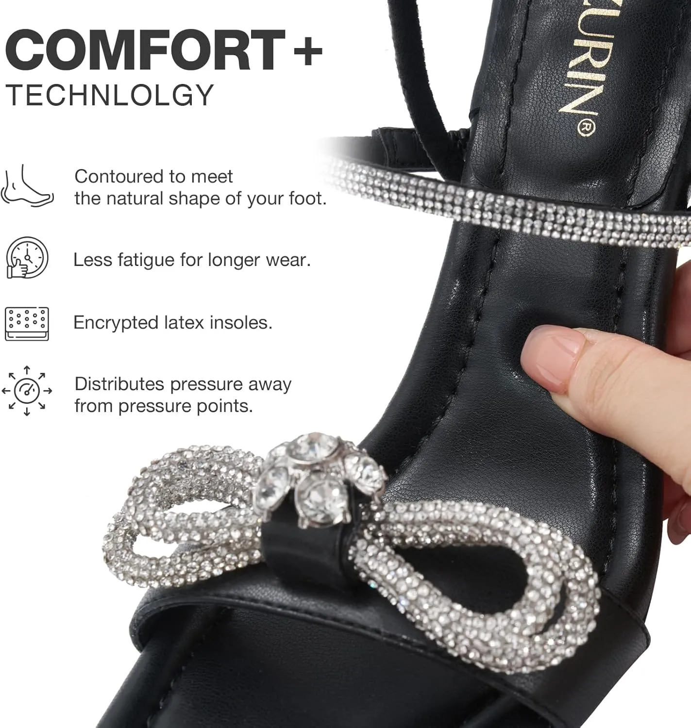 ZURIN Women's Rhinestone Bow Heels Square Toe Strappy Heeled Sandals Sparkle Stiletto High Heels Dress Party Evening Prom Crystal Shoes