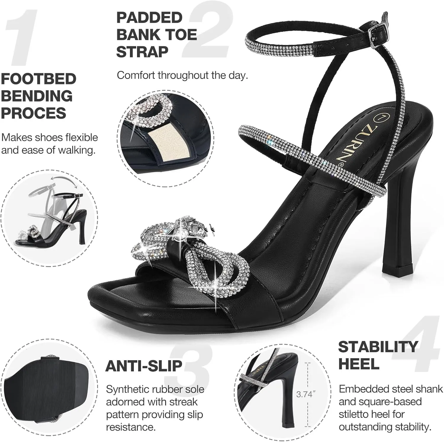 ZURIN Women's Rhinestone Bow Heels Square Toe Strappy Heeled Sandals Sparkle Stiletto High Heels Dress Party Evening Prom Crystal Shoes