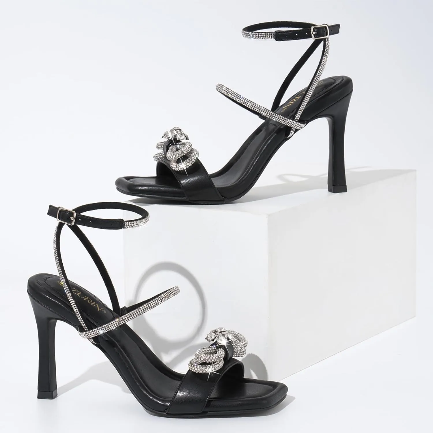 ZURIN Women's Rhinestone Bow Heels Square Toe Strappy Heeled Sandals Sparkle Stiletto High Heels Dress Party Evening Prom Crystal Shoes
