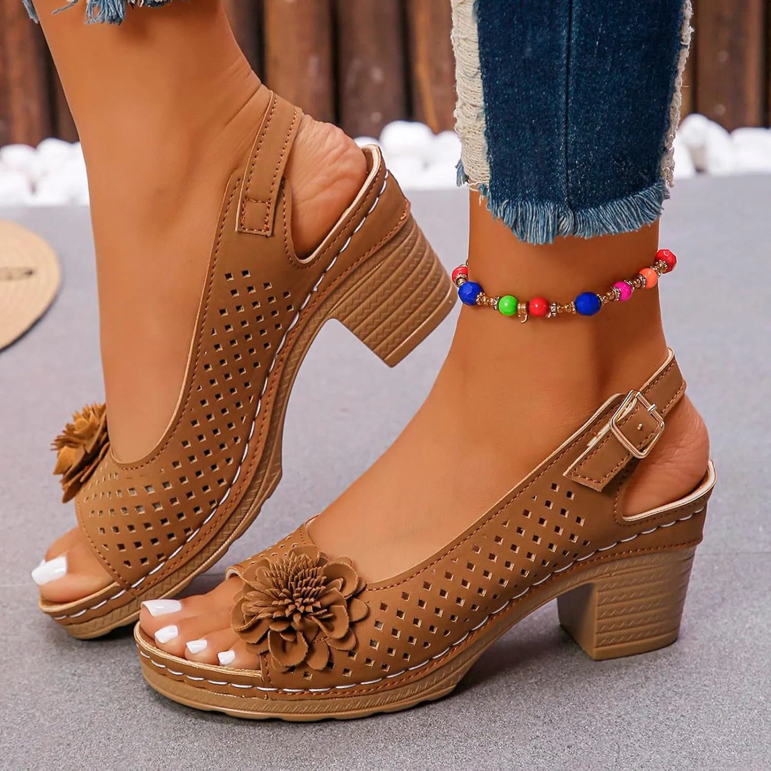 ZWRXW Wedge Sandals for Women Peep Toe Hollow Out Slingback Platform Wedge Sandals Bohemian Chic Flowers Dressy Summer Sandal Open Toe Ankle Strap Chunky Heel Shoes for Travel Vacation Beach Party