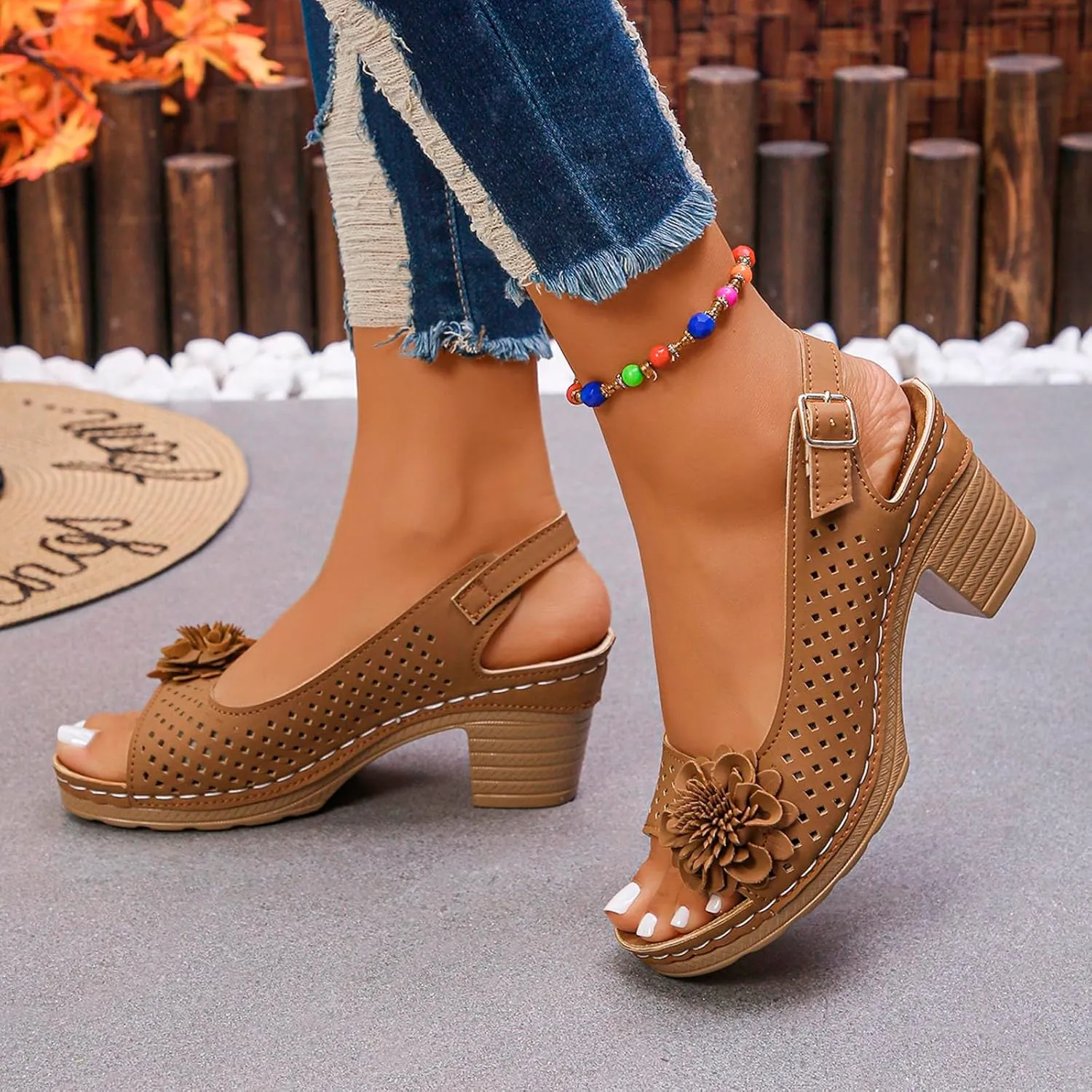ZWRXW Wedge Sandals for Women Peep Toe Hollow Out Slingback Platform Wedge Sandals Bohemian Chic Flowers Dressy Summer Sandal Open Toe Ankle Strap Chunky Heel Shoes for Travel Vacation Beach Party