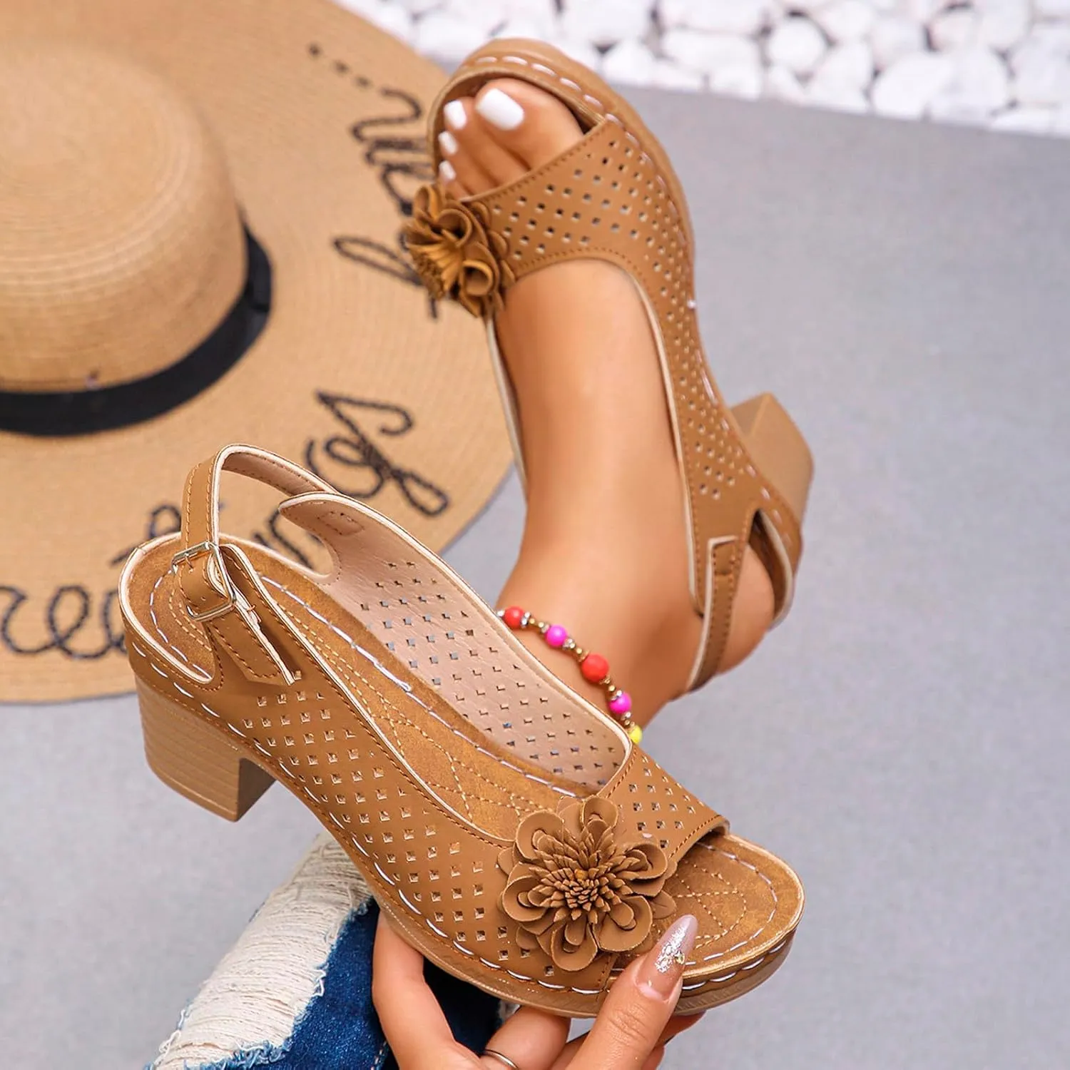ZWRXW Wedge Sandals for Women Peep Toe Hollow Out Slingback Platform Wedge Sandals Bohemian Chic Flowers Dressy Summer Sandal Open Toe Ankle Strap Chunky Heel Shoes for Travel Vacation Beach Party