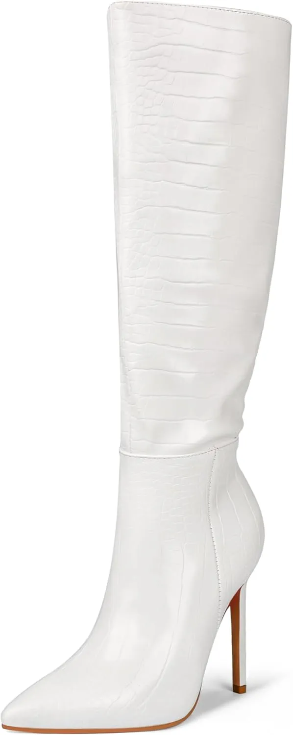 Zzheels Women's Knee High Boots Buckle Stiletto Boots Pointed Toe Side Zipper Heels Winter Party Dress Shoes