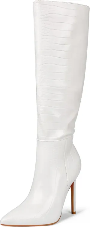 Zzheels Women's Knee High Boots Buckle Stiletto Boots Pointed Toe Side Zipper Heels Winter Party Dress Shoes