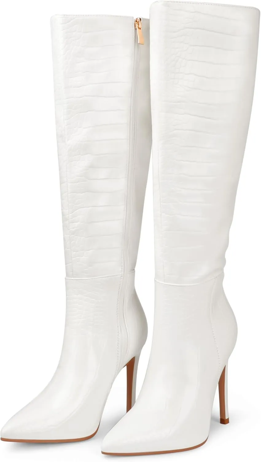 Zzheels Women's Knee High Boots Buckle Stiletto Boots Pointed Toe Side Zipper Heels Winter Party Dress Shoes